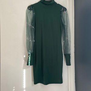 Forrest green Shein dress with sheer/sparkled sleeves
